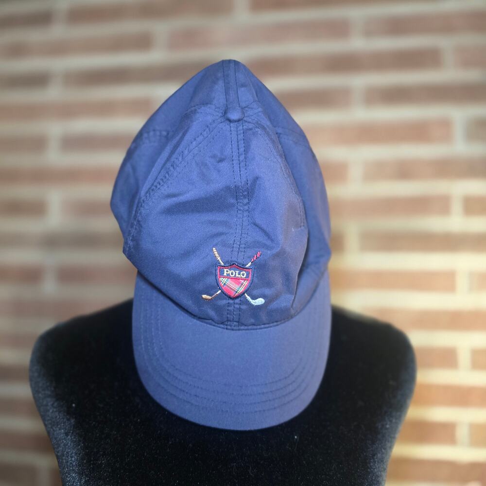 Vintage 90s Polo Golf Ralph Lauren Navy Blue Shield Crest Strapback Hat Cap
